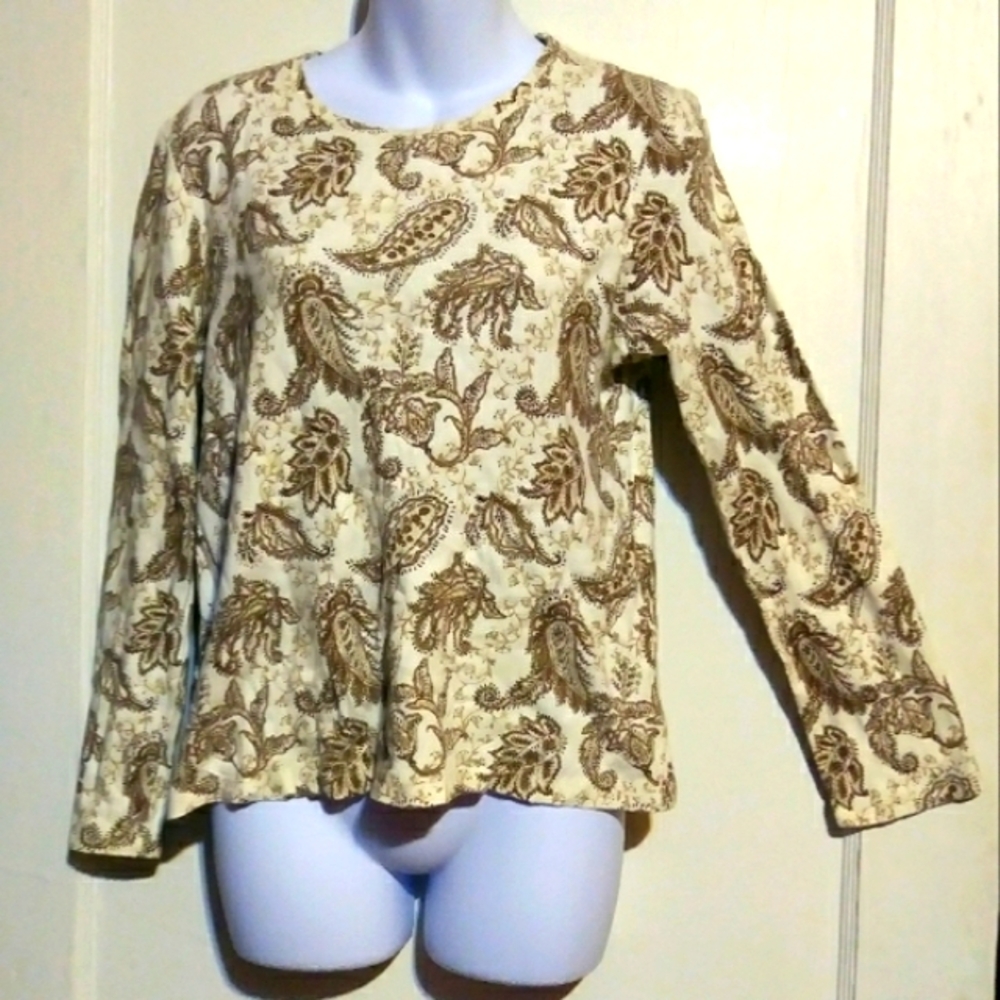 ST. JOHN'S BAY LADIES CREAM AND TAN PAISLEY LONG SLEEVE TOP